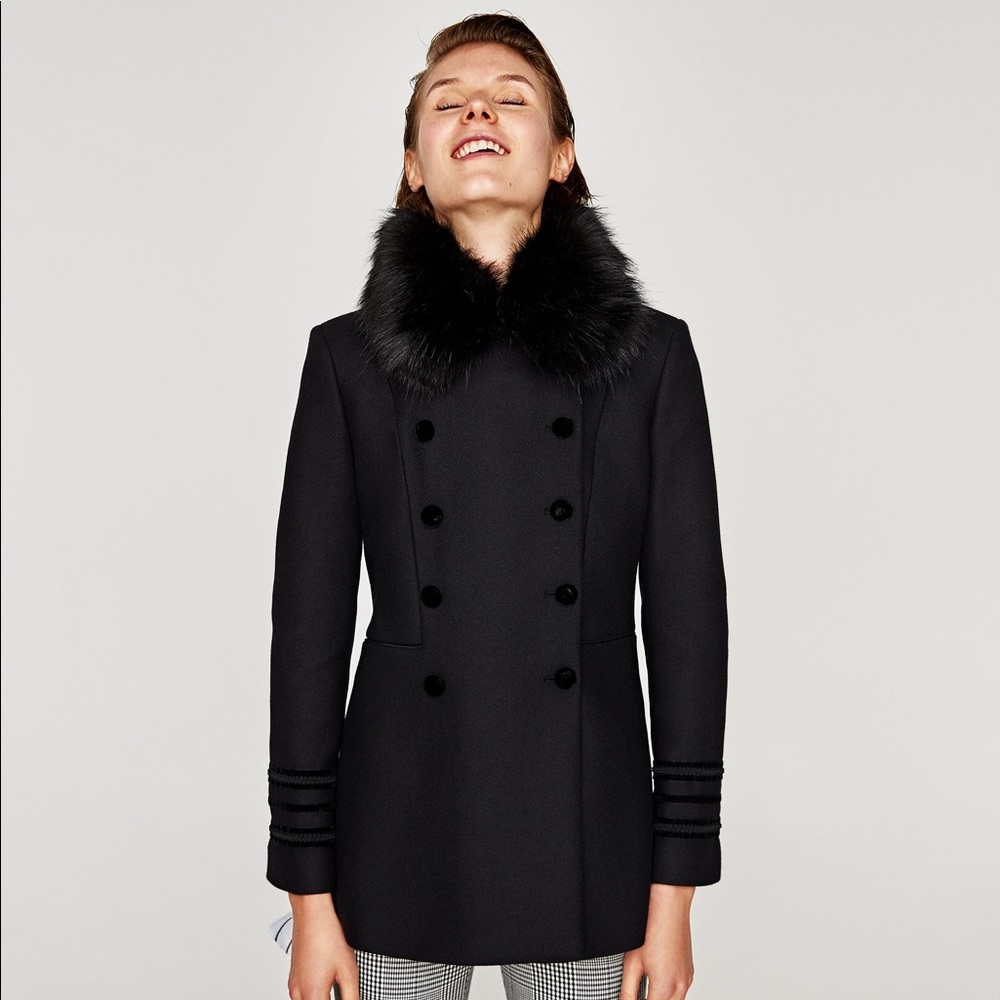 ZARA Contrast Trench Coat with Fur Collar Collar Velvet Applique large